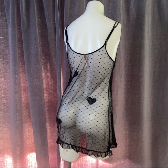 Black sheer micro mesh hearts frilly chemise lingerie - Picture 3 of 6